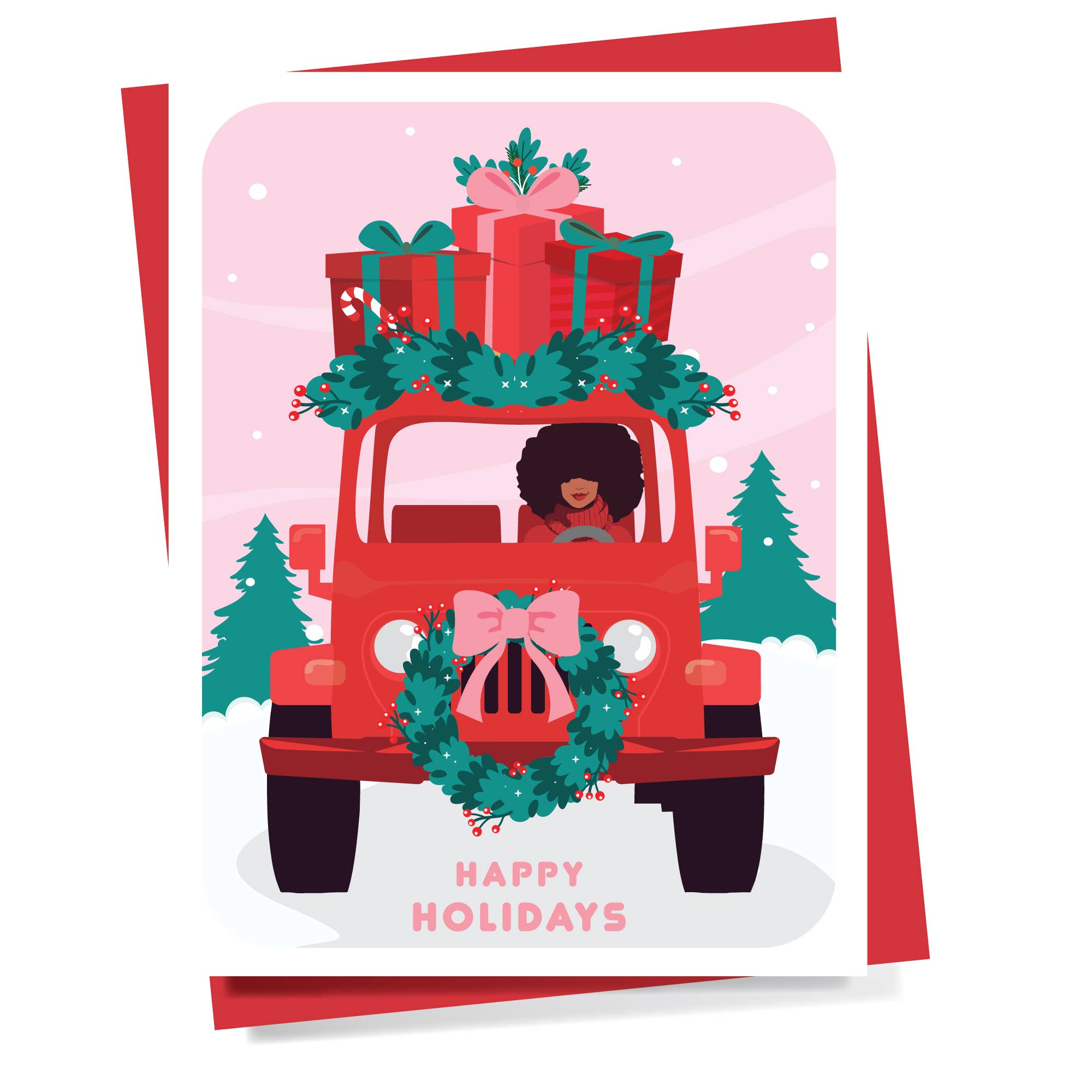 Soular Powered - Red Jeep African-American Christmas Card: 1 Card